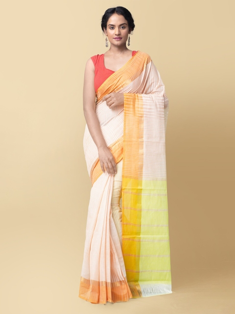 

Unnati Silks Cream-Coloured & Orange Striped Handloom Sustainable Cotton Mangalagiri Saree