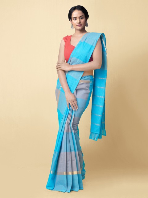 

Unnati Silks Blue & Grey Striped Zari Pure Cotton Mangalagiri Sustainable Saree