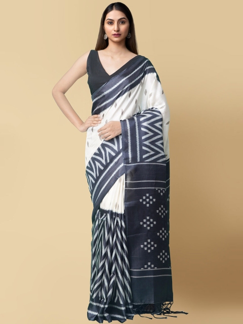 

Unnati Silks Women Off-White & Black Geometric Printed Art Silk Saree