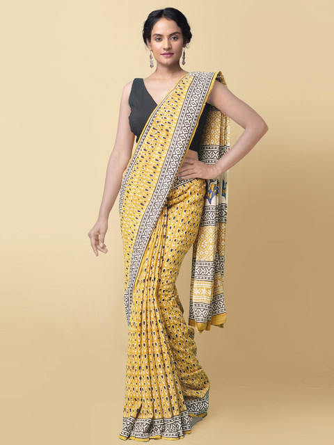 

Unnati Silks Women Yellow & Black Pure Preet Bagru Mulmul Cotton Saree