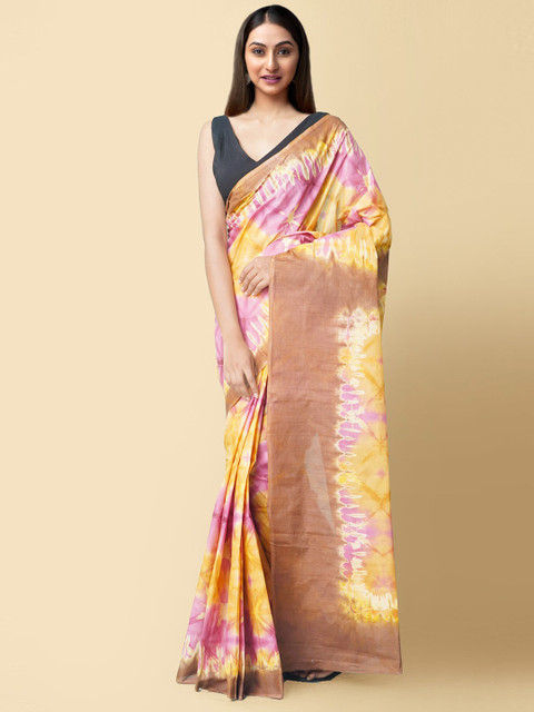 

Unnati Silks Women Multicolour Tie-Dye Printed Pure Cotton Shibori Saree, Yellow