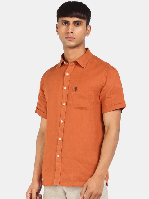 

U.S. Polo Assn. Men Rust Orange Opaque Pure Linen Casual Shirt