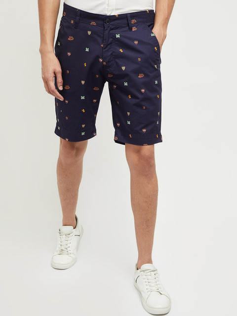 

max Men Navy Blue & Brown Conversational Printed Pure Cotton Regular Shorts