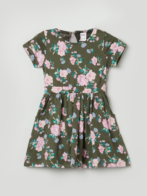 

max Girls Olive Green & Pink Floral Printed Dress