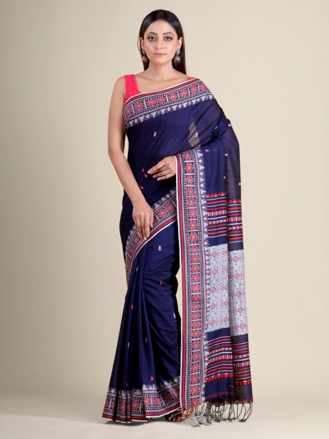 

Mitera Navy Blue & Red Hand Woven Pure Cotton Saree