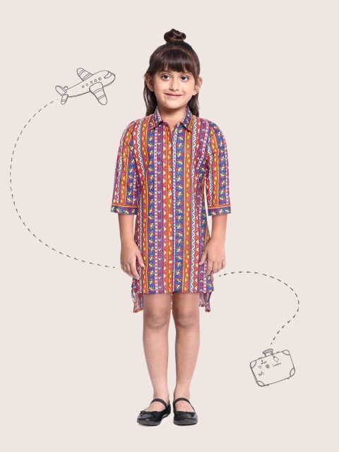 

Sangria Girls Multi-Coloured Striped & Geometric Print Pure Cotton Shirt Dress