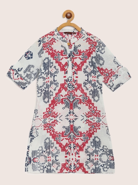 

Sangria Girls Off White & Red Ethnic Motifs Print Cotton A-Line Dress
