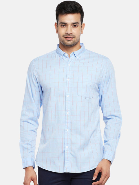 

BYFORD by Pantaloons Men Blue Slim Fit Opaque Windowpane Checked Cotton Casual Shirt