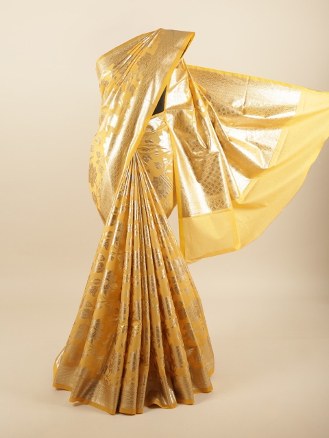 

Pothys Yellow & Silver-Toned Floral Zari Art Silk Banarasi Saree