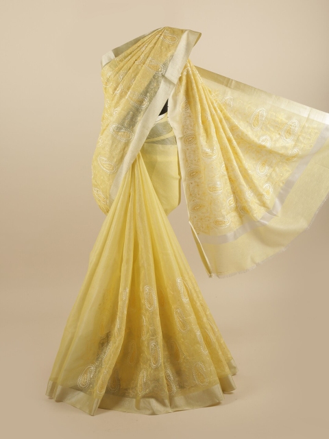 

Pothys Yellow & Silver-Toned Paisley Embroidered Saree