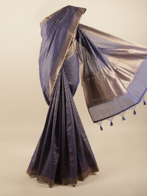 

Pothys Navy Blue & Gold-Toned Floral Zari Art Silk Banarasi Saree