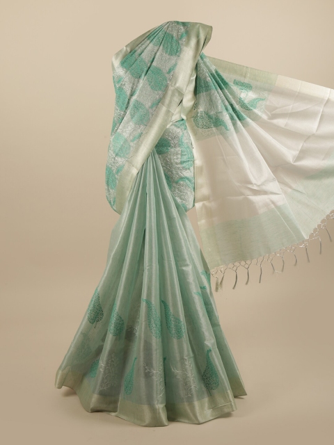 

Pothys Green & Silver-Toned Floral Cotton Blend Saree With Tasseled Pallu