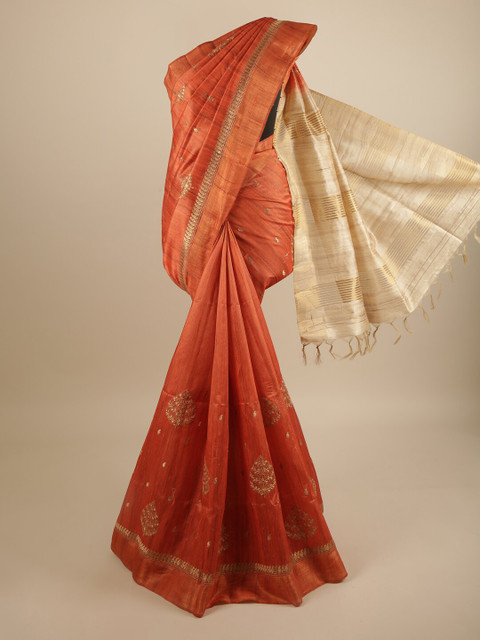 

Pothys Orange & Gold-Toned Floral Embroidered Art Silk Saree