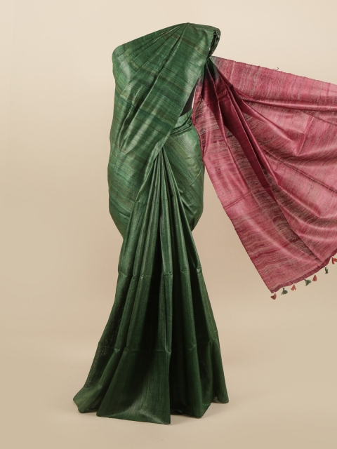 

Pothys Green & Pink Striped Pure Silk Tussar Saree