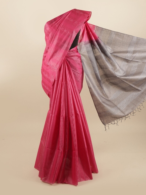 

Pothys Pink & Grey Striped Pure Silk Tussar Saree