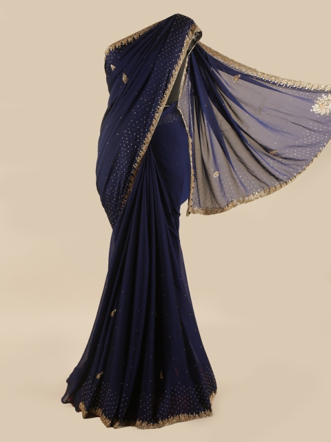 

Pothys Navy Blue & Gold-Toned Embellished Beads and Stones Saree