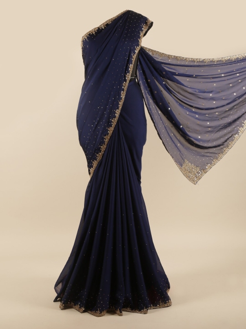 

Pothys Navy Blue & Gold-Toned Embellished Beads and Stones Saree