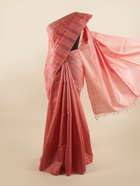 

Pothys Pink & Gold-Toned Striped Pure Silk Tussar Saree