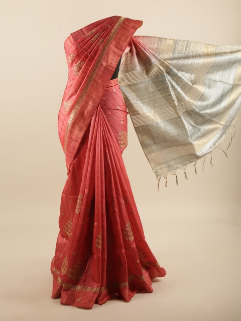

Pothys Pink & Gold-Toned Paisley Embroidered Art Silk Saree