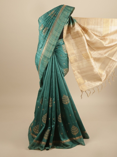 

Pothys Green & Gold-Toned Floral Embroidered Art Silk Saree