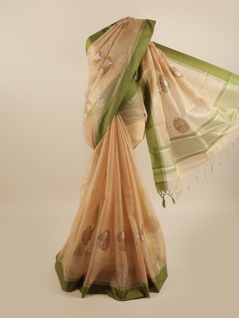

Pothys Beige & Green Floral Cotton Blend Saree