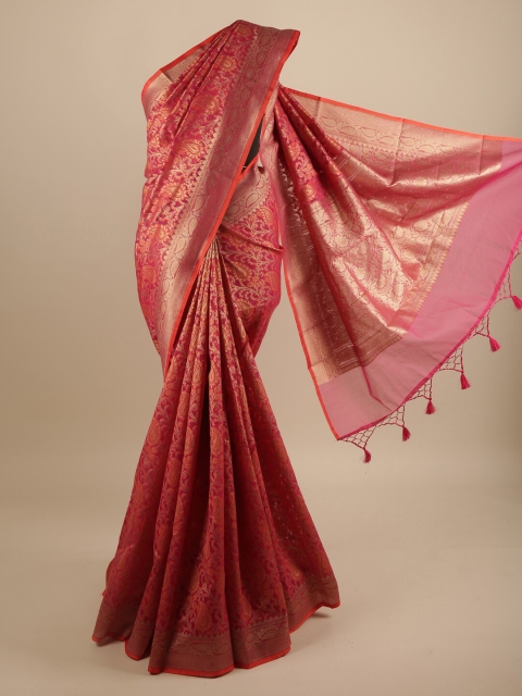 

Pothys Pink & Red Floral Zari Art Silk Banarasi Saree