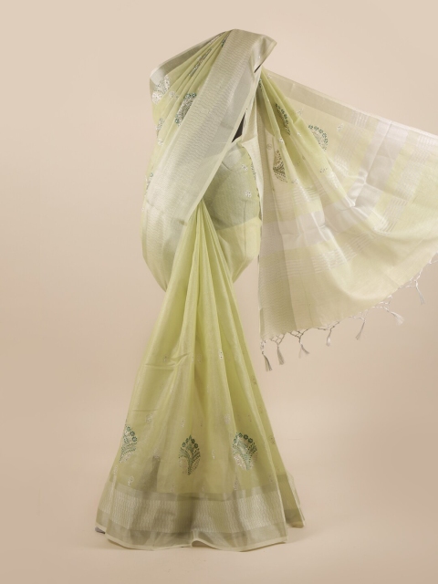 

Pothys Green & Silver-Toned Floral Sequinned Cotton Blend Saree