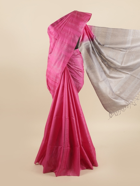 

Pothys Pink & Grey Striped Pure Silk Tussar Saree
