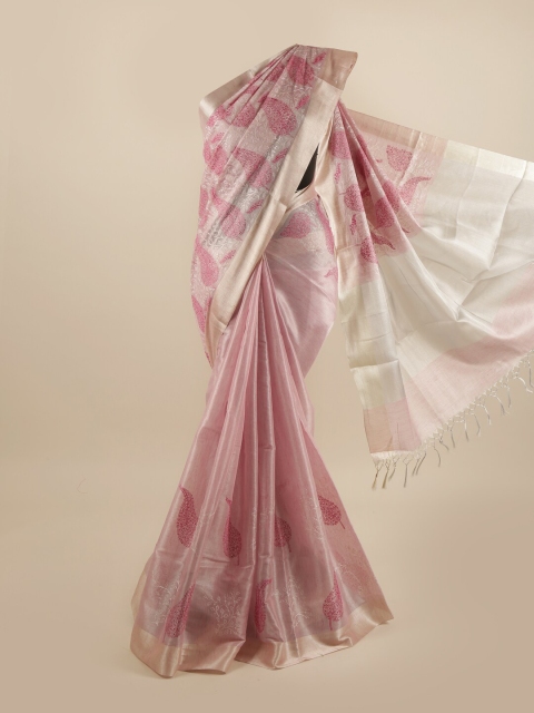 

Pothys Pink & Silver-Toned Floral Embroidered Saree