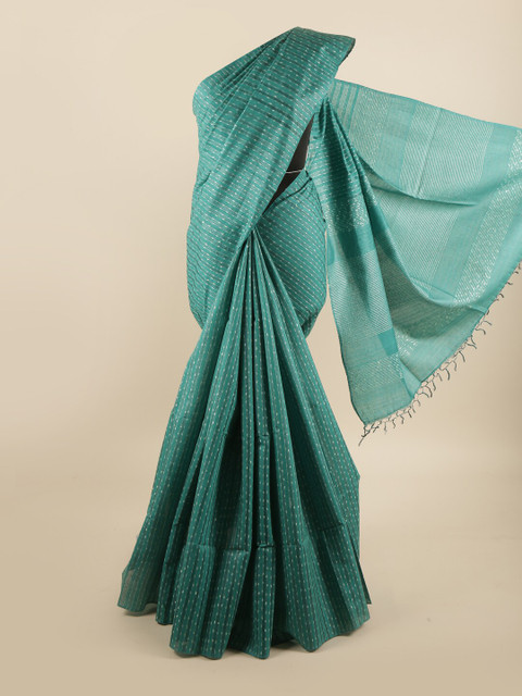 

Pothys Sea Green & White Striped Pure Silk Tussar Saree