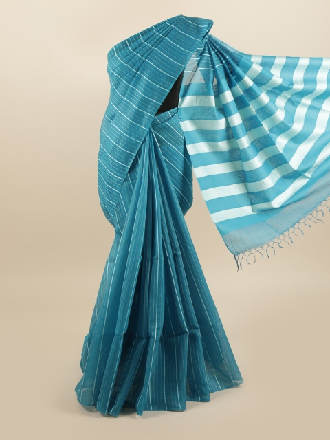 

Pothys Teal & Silver Striped Zari Pure Silk Tussar Saree