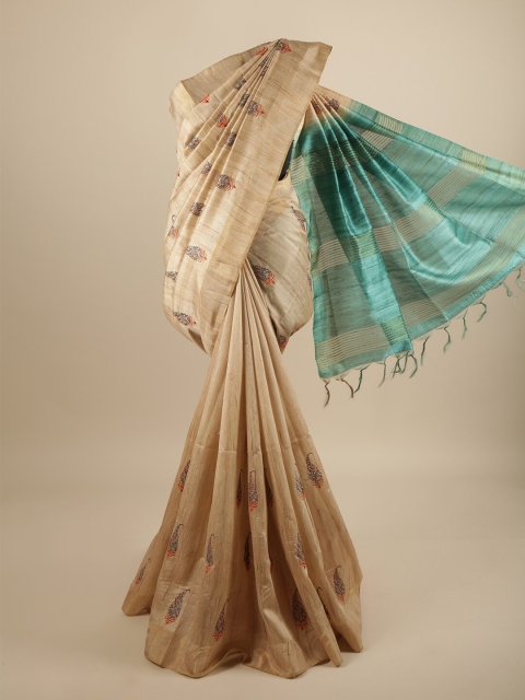 

Pothys Cream-Coloured & Turquoise Blue Floral Art Silk Saree