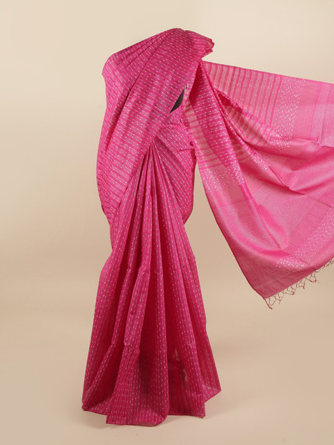 

Pothys Pink & White Striped Pure Silk Tussar Saree