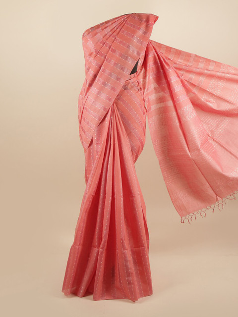 

Pothys Pink & White Striped Pure Silk Tussar Saree