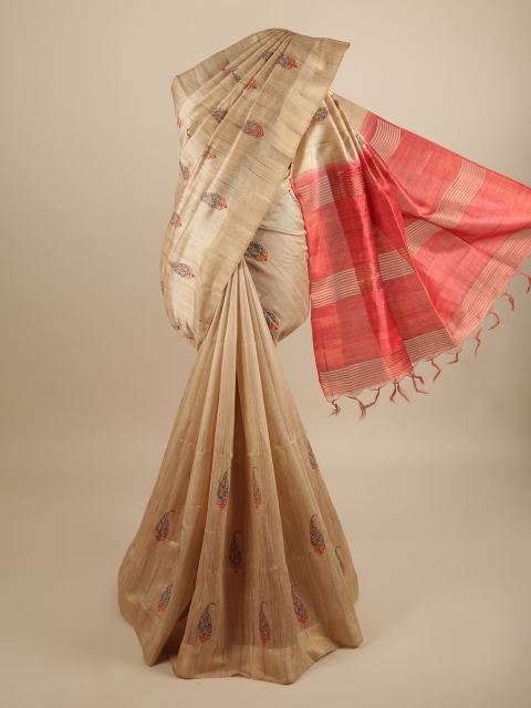 

Pothys Cream-Coloured & Red Paisley Embroidered Art Silk Saree