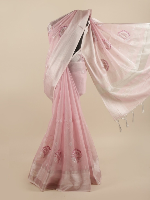

Pothys Pink & Silver Ethnic Motifs Sequinned Saree