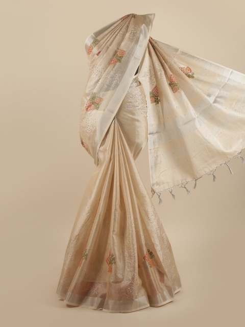 

Pothys Cream-Coloured Ethnic Motifs Sequinned Cotton Blend Saree
