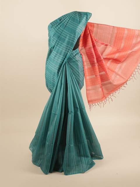 

Pothys Sea Green & Orange Striped Zari Pure Silk Tussar Saree