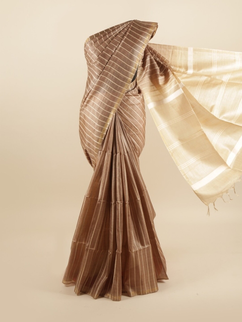 

Pothys Brown & Gold-Toned Striped Zari Pure Silk Tussar Saree