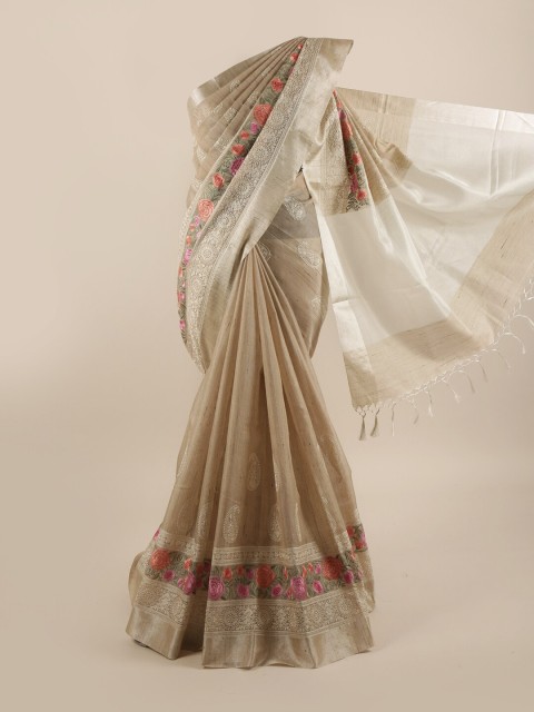 

Pothys Tan & Off White Paisley Embroidered Saree