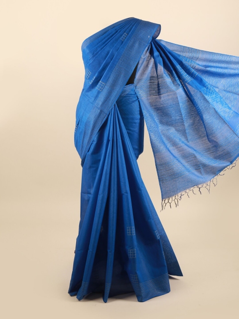 

Pothys Blue Geometric Embroidered Pure Silk Tussar Saree