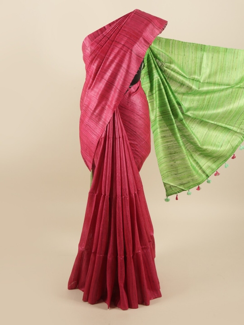 

Pothys Pink & Green Striped Pure Silk Tussar Saree