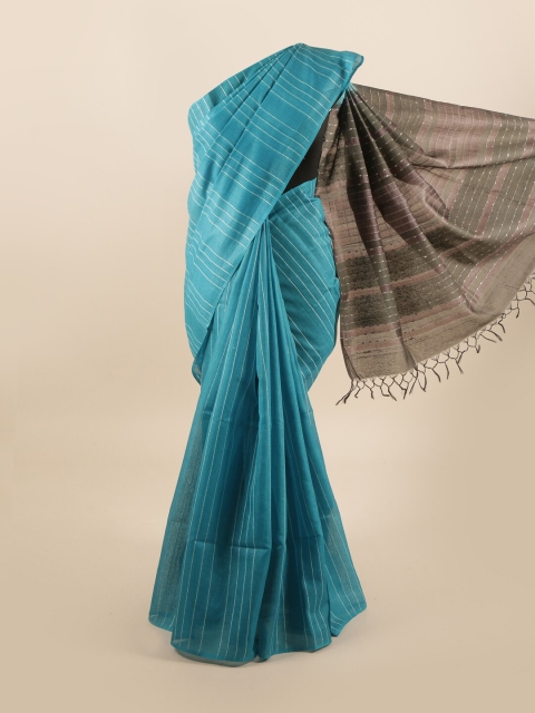 

Pothys Blue & Brown Striped Embroidered Pure Silk Tussar Saree