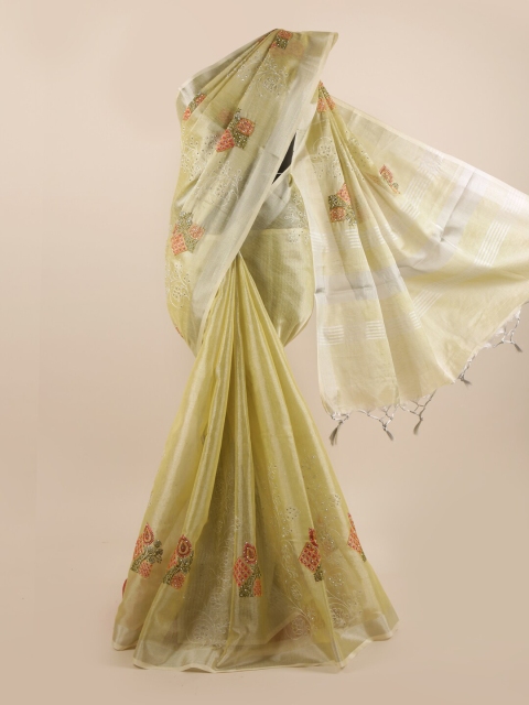

Pothys Green & Orange Floral Embroidered Beads and Stones Saree