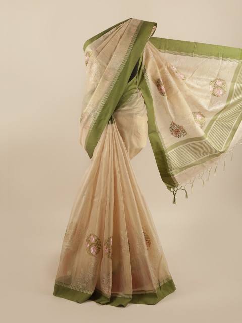 

Pothys Cream-Coloured & Green Floral Embroidered Saree