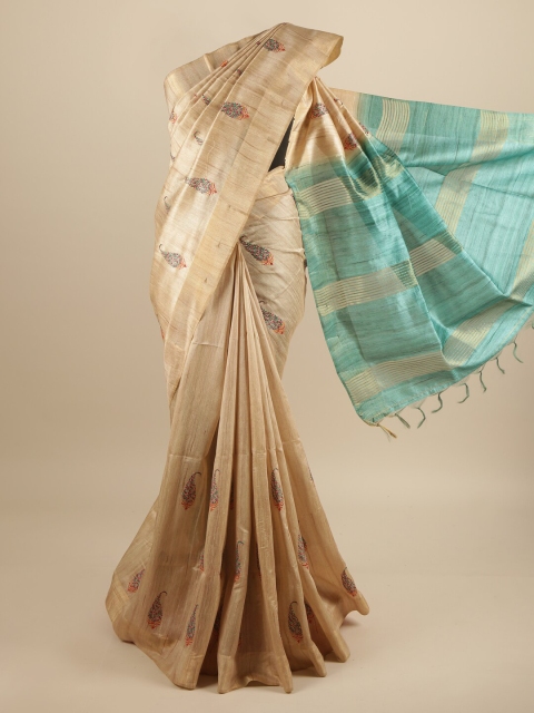 

Pothys Cream-Coloured & Turquoise Blue Ethnic Motifs Embroidered Art Silk Saree