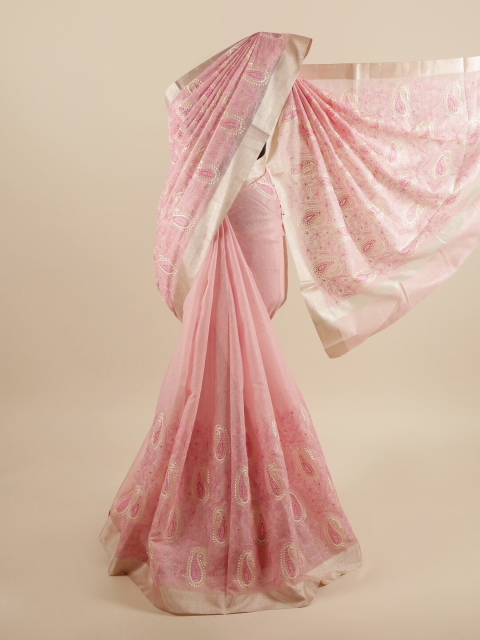 

Pothys Pink & Silver-Coloured Paisley Embroidered Saree