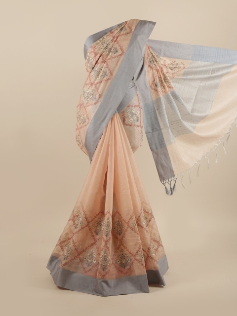 

Pothys Peach-Coloured & Grey Floral Embroidered Saree