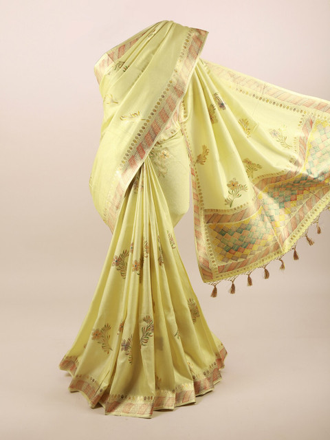 

Pothys Lime Green & Gold-Coloured Ethnic Motifs Jacquard Woven Art Silk Banarasi Saree