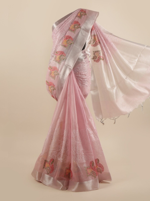 

Pothys Pink & White Floral Embroidered Beads and Stones Saree